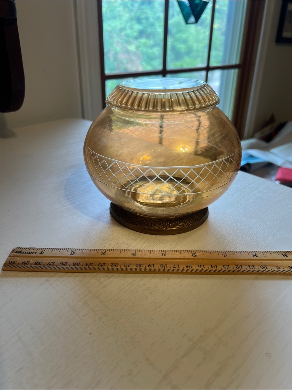 Vintage Amber Glass Ginger Jar or Lantern with Etched Lattice Accent